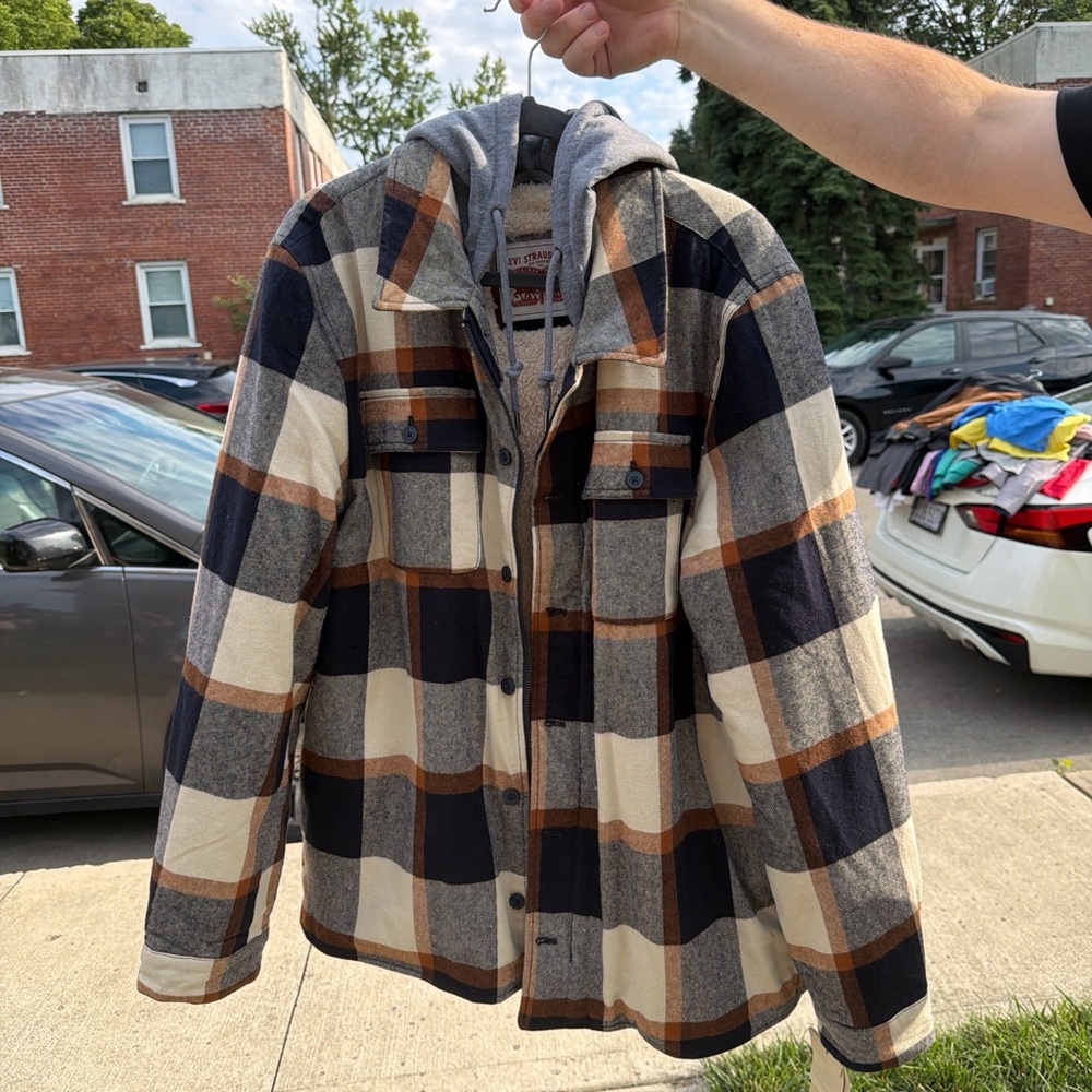 Levi's Plaid Hooded Shacket in Black, Cream & Brown